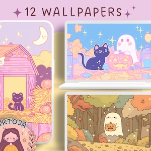 以下が含まれることがあります： 秋をテーマにした、猫、幽霊、カボチャのかわいいイラストが描かれたデジタル壁紙12枚セット。壁紙はパステルカラーで、幻想的なスタイルです。