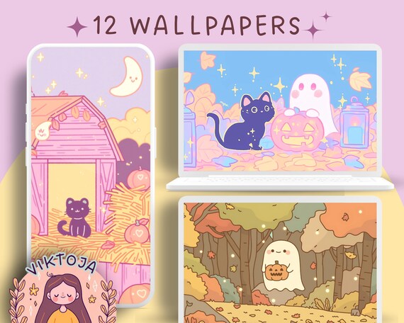 Kawaii Halloween Wallpaper | Autumn Phone & Desktop Backgrounds (Digital Download)
