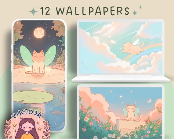 Fairy Cats Wallpaper Bundle: Cozy Kawaii Desktop Backgrounds (Digital Download)
