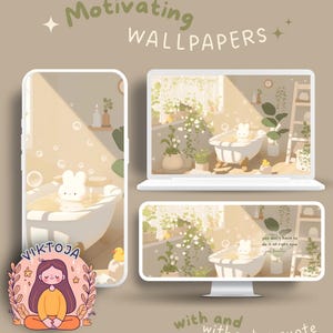 May include: A digital illustration of a bathroom with a bathtub, plants, and a quote that reads "you don't have to do it all right now just breathe". The illustration is in a light pastel color scheme with a soft, calming aesthetic.