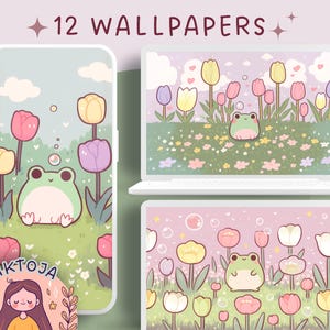 May include: A set of 12 digital phone wallpapers featuring a cute green frog sitting in a field of pink, yellow, and purple tulips. The wallpapers have a pastel color scheme and a whimsical style.