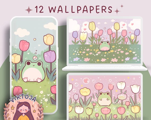 Kawaii Frog Wallpaper: Spring Pastel Phone & Desktop Backgrounds (Digital Download)