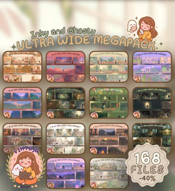 Cozy Cat & Ghost Ultrawide Wallpaper Megapack: Spooky Cottagecore Art (Digital Download)