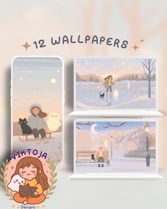 Kawaii snow day Wallpaper: Cozy Phone & Desktop Backgrounds (Digital Download)