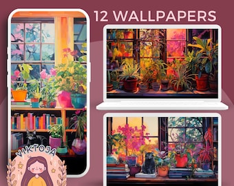 Conjunto de papéis de parede de plantas e gatos Lofi para celular e tablet (download digital)