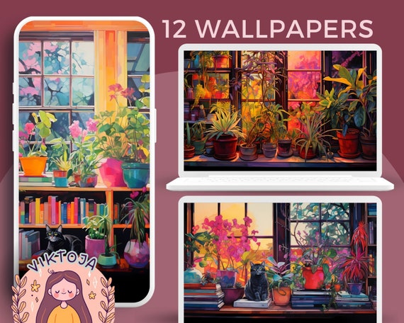 Lofi Plants and Cat Wallpaper Set for Phone and Tablet (Digital Download)