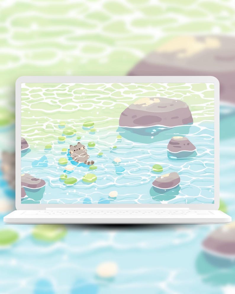 Water Cats summer Kawaii Pastel Wallpaper Set – Desktop & Mobile Backgrounds (Digital Download) image 7