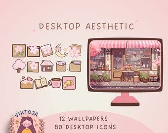 Sakura Desktop Wallpaper & Icons: Kawaii Spring Organizer (digital