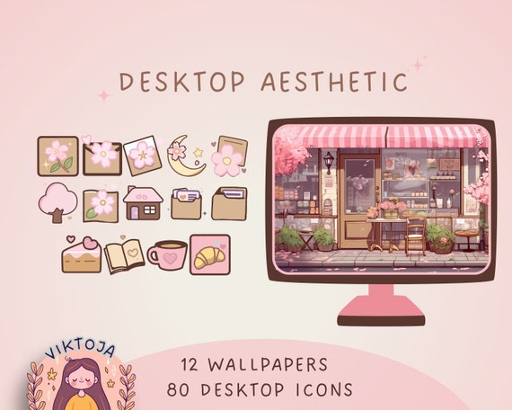 Sakura Desktop Wallpaper & Icons: Kawaii Spring Organizer (Digital Download)