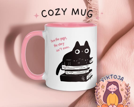 Cat Stacking Books Coffee Mug, Colorful Rim Ceramic Mug