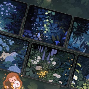 May include: A selection of digital art prints depicting tranquil garden scenes with cats and flowers. Each print presents a unique nighttime garden with glowing features, in shades of blue, green, and white. A girl is hugging two cute characters in the foreground.