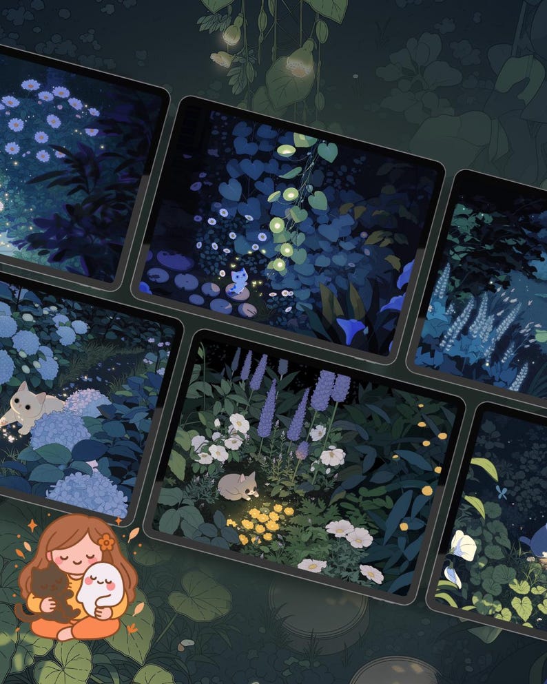 May include: A selection of digital art prints depicting tranquil garden scenes with cats and flowers. Each print presents a unique nighttime garden with glowing features, in shades of blue, green, and white. A girl is hugging two cute characters in the foreground.