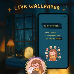 Könnte beinhalten: Digitales Live-Wallpaper-Design mit einer gemütlichen regnerischen Nachtszene mit einer schwarzen Katze und einem Geist. Der Telefonbildschirm zeigt den Text "WHAT YOU GET: 1 file in MP4, A comprehensive installation GUIDE".