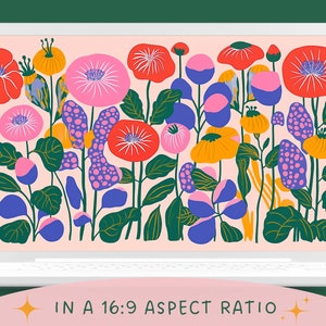May include: A digital illustration of a colorful floral pattern with pink, red, blue, yellow, and green flowers on a light pink background. The flowers are stylized and abstract, with a whimsical and modern aesthetic.