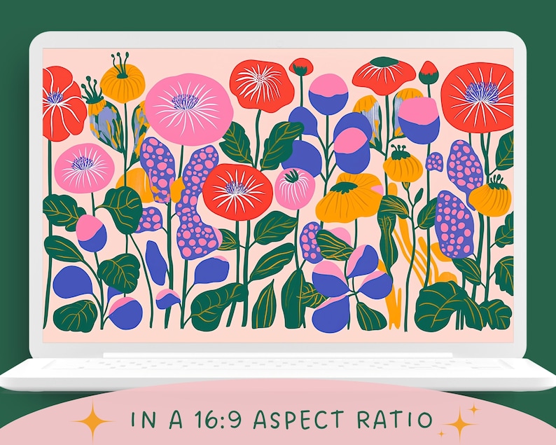 May include: A digital illustration of a colorful floral pattern with pink, red, blue, yellow, and green flowers on a light pink background. The flowers are stylized and abstract, with a whimsical and modern aesthetic.