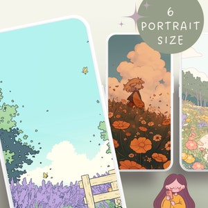 Może przedstawiać: Trzy makiety telefon&oacute;w prezentujące r&oacute;żne ilustracje fantazyjnego krajobrazu z kwiatami, ścieżką i dziewczyną stojącą na polu. Tekst "6 Portrait Size" jest wyświetlany na zielonym k&oacute;łku.