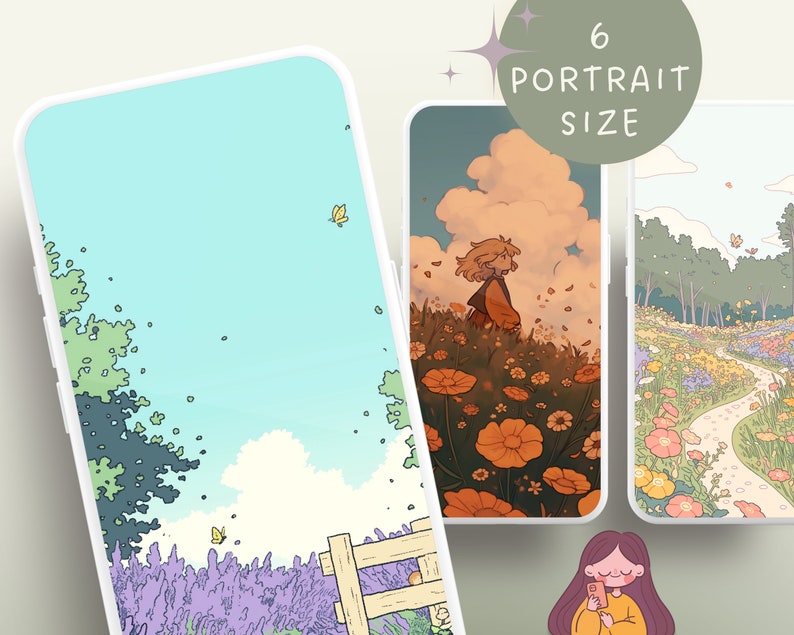 Może przedstawiać: Trzy makiety telefon&oacute;w prezentujące r&oacute;żne ilustracje fantazyjnego krajobrazu z kwiatami, ścieżką i dziewczyną stojącą na polu. Tekst "6 Portrait Size" jest wyświetlany na zielonym k&oacute;łku.