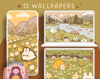Kawaii Bunnies Wallpaper Set, 70s Pastel Screensaver (Digital Download)