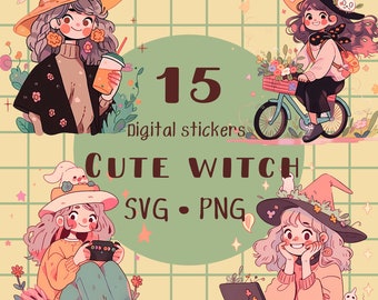 May include: A set of 15 digital stickers featuring cute witches in various poses. The stickers are in SVG and PNG format. The text "15 digital stickers CUTE WITCH SVG - PNG" is displayed on a green circle.