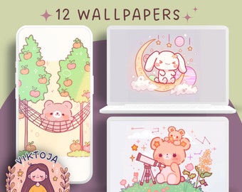 Kawaii Cuties Wallpaper Set: Cozy Pastel Desktop Backgrounds (Digital Download)