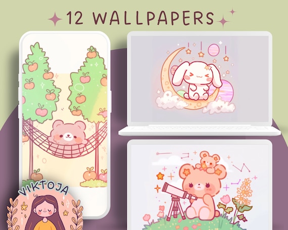 Kawaii Cuties Wallpaper Set: Cozy Pastel Desktop Backgrounds (Digital Download)