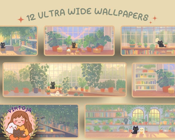 Ultrawide Desktop Wallpaper: Ghostly Plants, Books, Cozy Kawaii (Digital Download, 12 PNGs