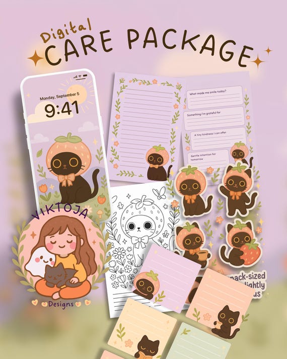 Strawberry Cat Digital Care Package: iOS & Android Wallpaper, Planner (PDF)
