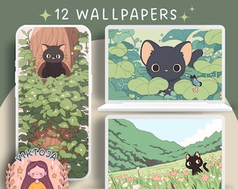 Kawaii zwarte kat-behangset, gezellige bureaubladachtergronden (digitale download)