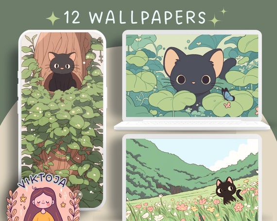 Kawaii Black Cat Wallpaper Set, Cozy Desktop Backgrounds (Digital Download)