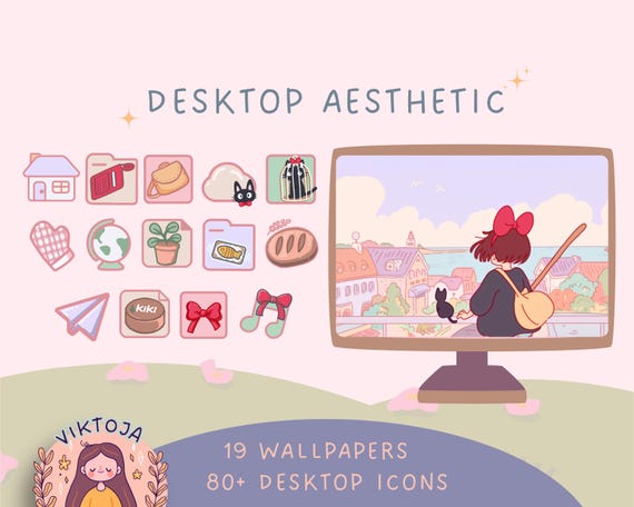 Witch & Cat Desktop Wallpaper: Kawaii Anime Icons (Digital Download)