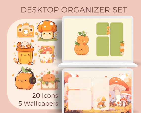 Kawaii Autumn Desktop Organizer Set: Pumpkin Icons & Wallpapers (Digital Download)