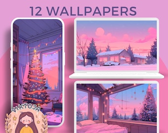 Pink Christmas Wallpaper, Lofi Scenes (Digital Download)