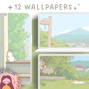 Green Cats wallpaper plants wallpaper tokyo cozy Wallpaper desktop japan wallpaper kawaii Instant Download anime wallpaper cats and plants
