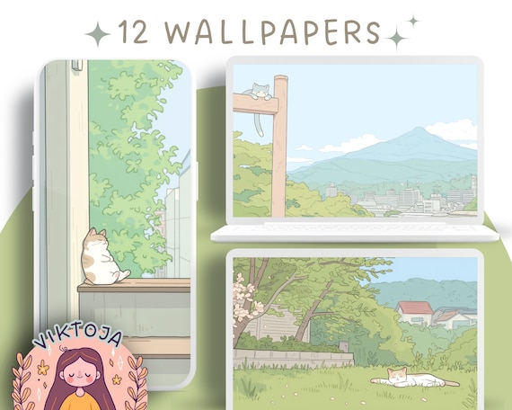 Cozy Cats Wallpaper Set: Tokyo Anime Style (Digital Download)