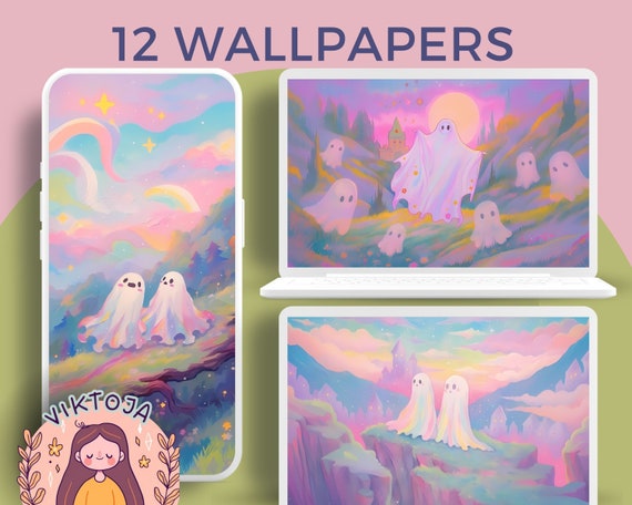 Pastel Ghost Wallpaper Set, Lofi Halloween Backgrounds (Digital Download)