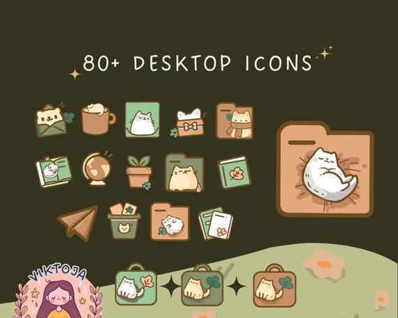 Cat Desktop Icons, Kawaii Folders, Shortcuts (80 PNG + ICO) (Digital Download