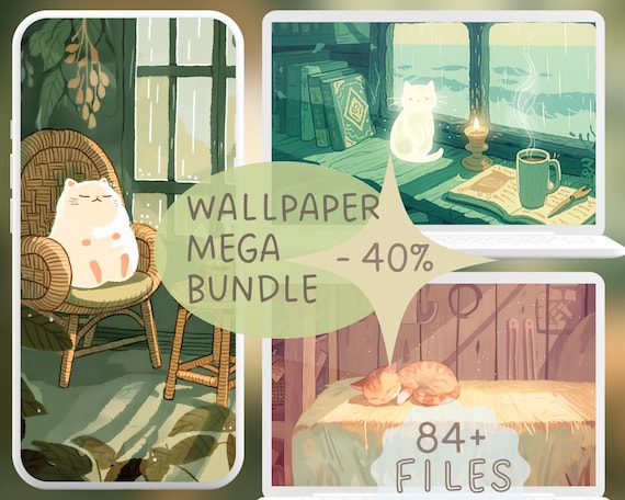 Cat Illustration Wallpaper Bundle, Anime Screensaver (Digital Download)