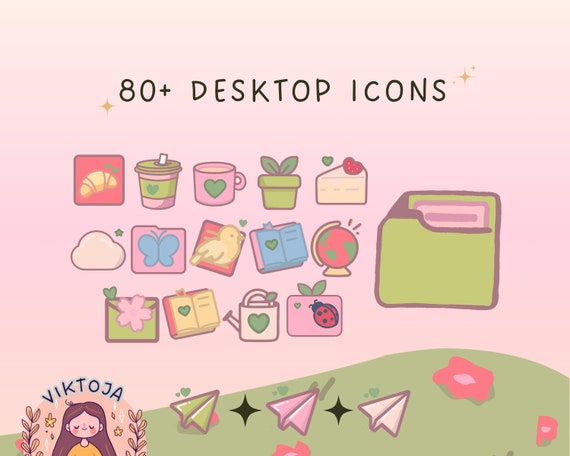 Pastel Desktop Icons, Kawaii PC Mac Theme (80 PNG & ICO) (Digital Download)