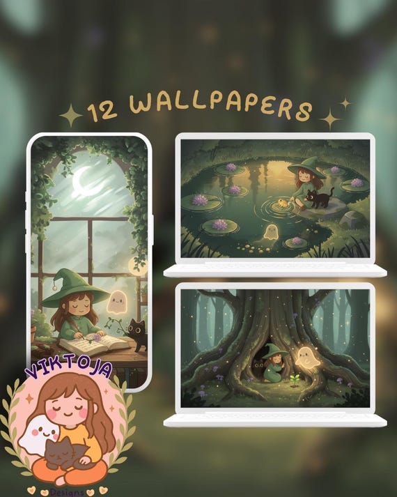 Kawaii Halloween Wallpaper Set: green Witch, Ghost & Cat (Digital Download) with inky and ghosty