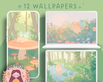 May include: A set of 12 digital phone wallpapers featuring cute cartoon cats with fairy wings in a forest setting. The wallpapers feature a variety of scenes, including a cat sleeping on a mushroom, a cat flying in a field of flowers, and a cat swimming in a pond.