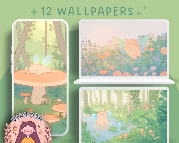 Fairy Cats Wallpaper Bundle: Cozy Kawaii Desktop Backgrounds (Digital Download)