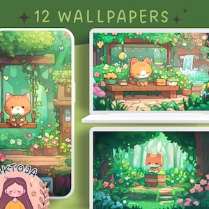 Jungle katten behang planten behang groen gezellig Behang ipad bureaubladachtergrond kawaii Instant Download anime behang katten en planten