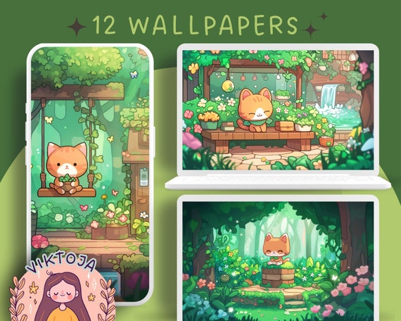 Cozy Jungle Cat Wallpaper Set: Kawaii Desktop & iPad Backgrounds (Digital Download)