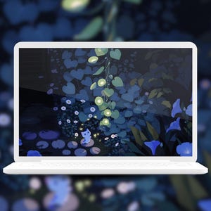 May include: A white laptop shows a digital illustration of a tranquil garden scene. The artwork features blue and green foliage, with heart-shaped leaves and glowing orbs, creating a whimsical and calming aesthetic. The laptop is open and positioned on a white surface.