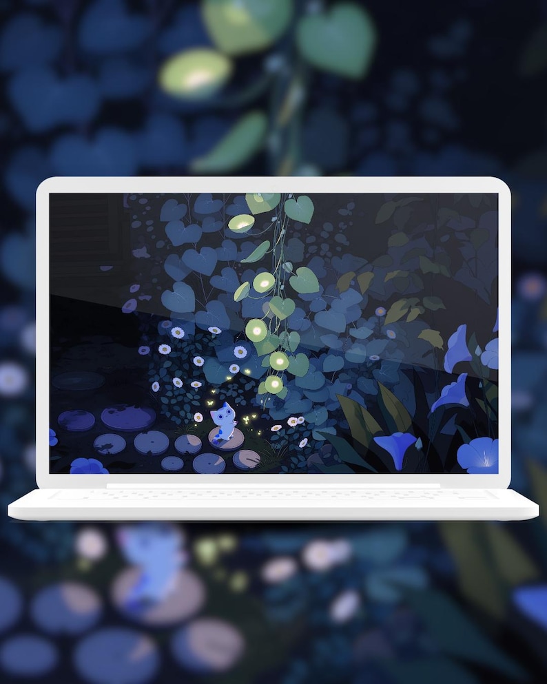 May include: A white laptop shows a digital illustration of a tranquil garden scene. The artwork features blue and green foliage, with heart-shaped leaves and glowing orbs, creating a whimsical and calming aesthetic. The laptop is open and positioned on a white surface.