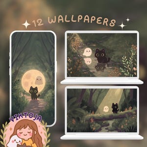 Puede incluir: Ilustración digital de un gato negro y fantasmas en un bosque, mostrada en un teléfono y dos portátiles. El texto "12 WALLPAPERS" está en la parte superior. Un logotipo con una niña y un gato está en la parte inferior.
