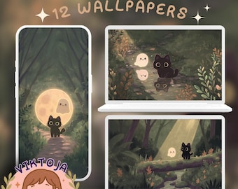 May include: Digital art featuring a black cat and ghost characters in a forest setting. The image is displayed on a phone and two laptops. The text "12 WALLPAPERS" is at the top. A logo with a girl and a cat is at the bottom.