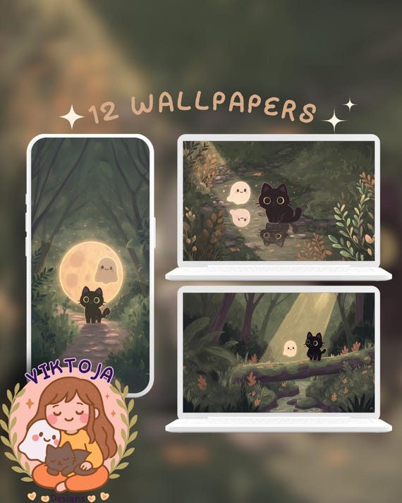 Forest Inky & Ghosty Wallpaper: Cozy Fall Desktop Background (Digital Download)