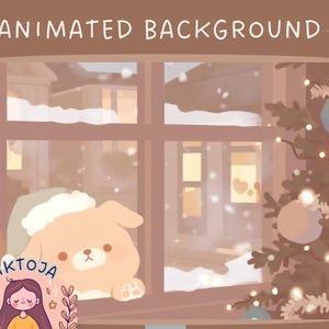 May include: A cartoon illustration of a window with a view of a snowy suburban neighbourhood. The window is decorated with a string of lights and a small, furry animal wearing a Santa hat is looking out the window.