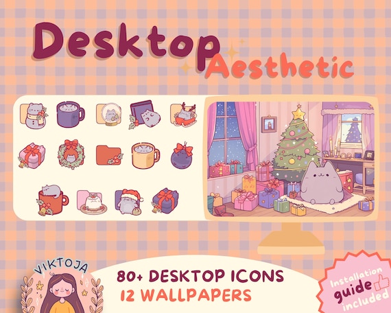 Kawaii Christmas Cat Desktop Wallpaper & Icons (Digital Download)